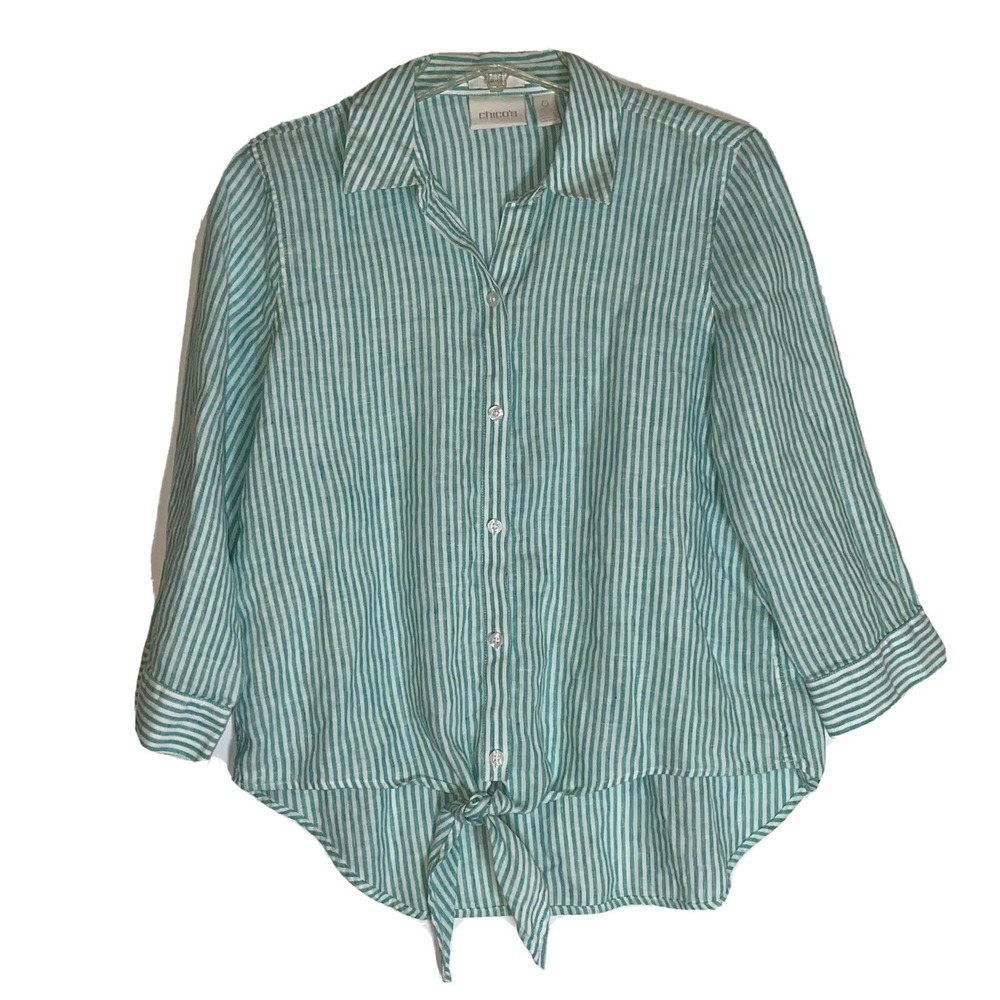 Chicos Top Sz 0 Small Linen Button Down Teal White Stripe 3/4 Sleeve Lightweight